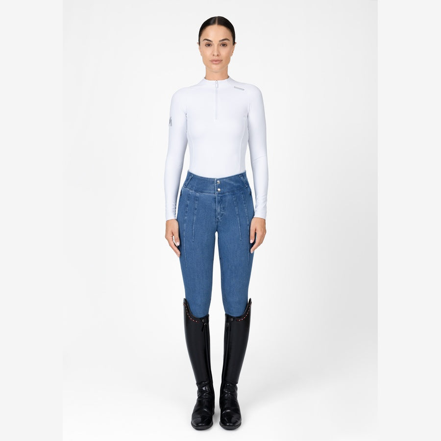 Women’s white technical base layer with long sleeves and half zip, breathable 360 stretch performance top for riding, cycling and hiking. Front view full body