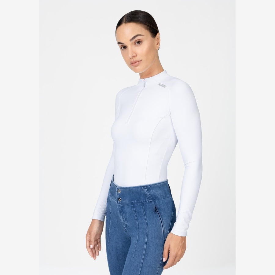 Women’s white technical base layer with long sleeves and half zip, breathable 360 stretch performance top for riding, cycling and hiking. Front view half body left side