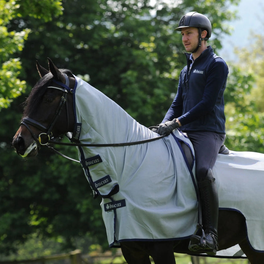 Bucas Buzz-Off Zebra Riding Rug showing breathable mesh design and cut-away saddle area