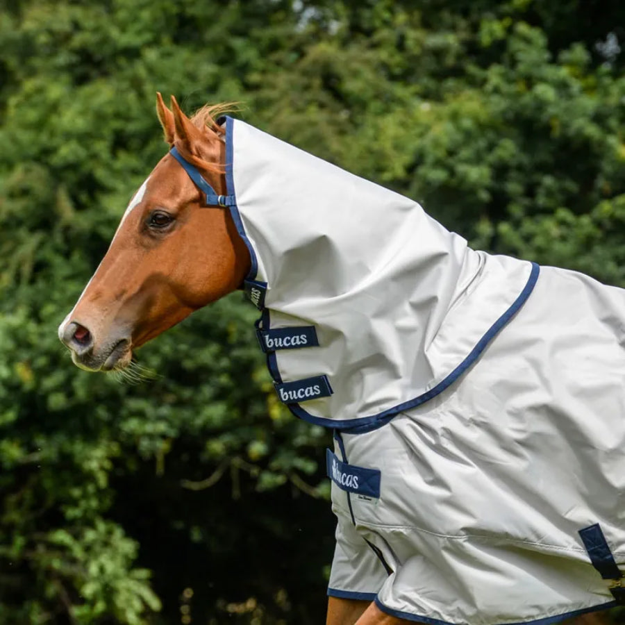 Bucas Sun Shower Turnout Neck Cover in silver and navy with 840D nylon outer and secure attachment points