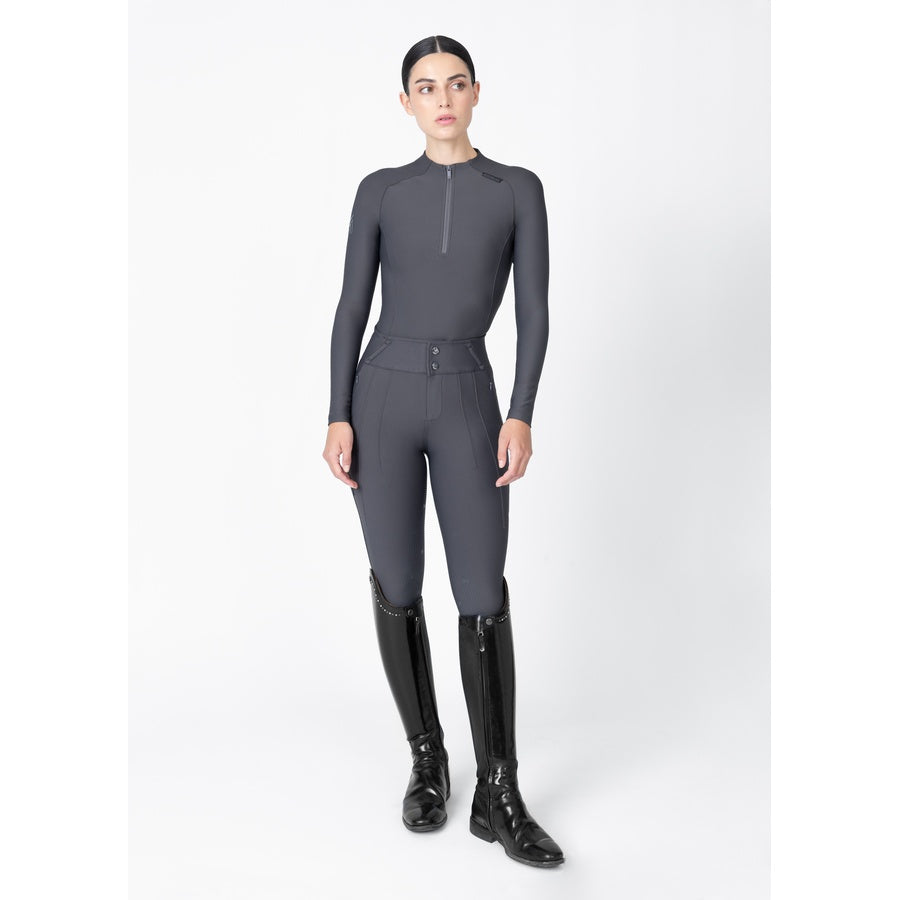 Women’s grey equestrian riding outfit full body front view with breeches and tall boots