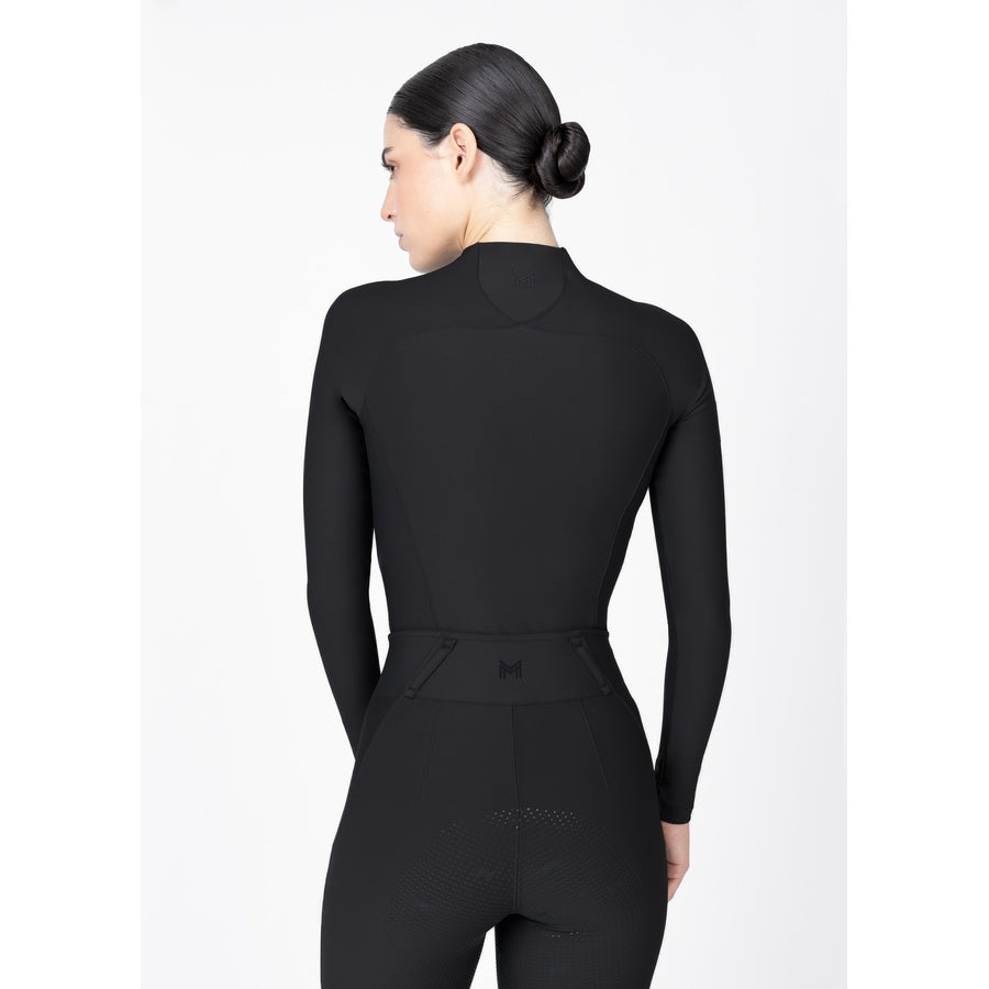 Close-up back detail of black Origin Base Layer showing contoured panel construction and logo detail.