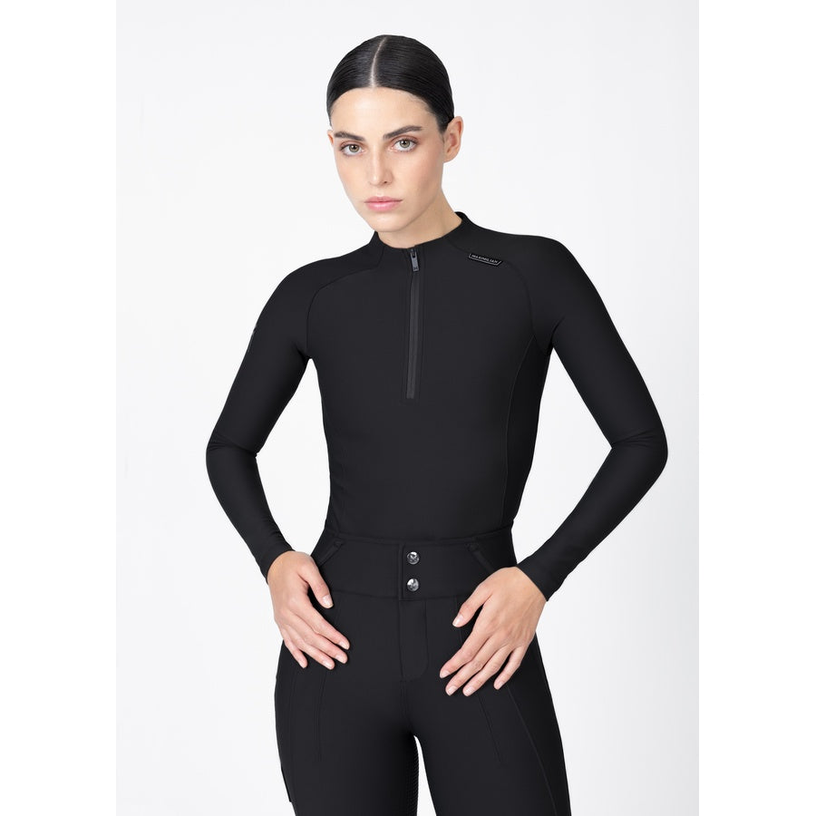 Front detail of women’s black technical base layer showing half zip collar and signature chest logo.
