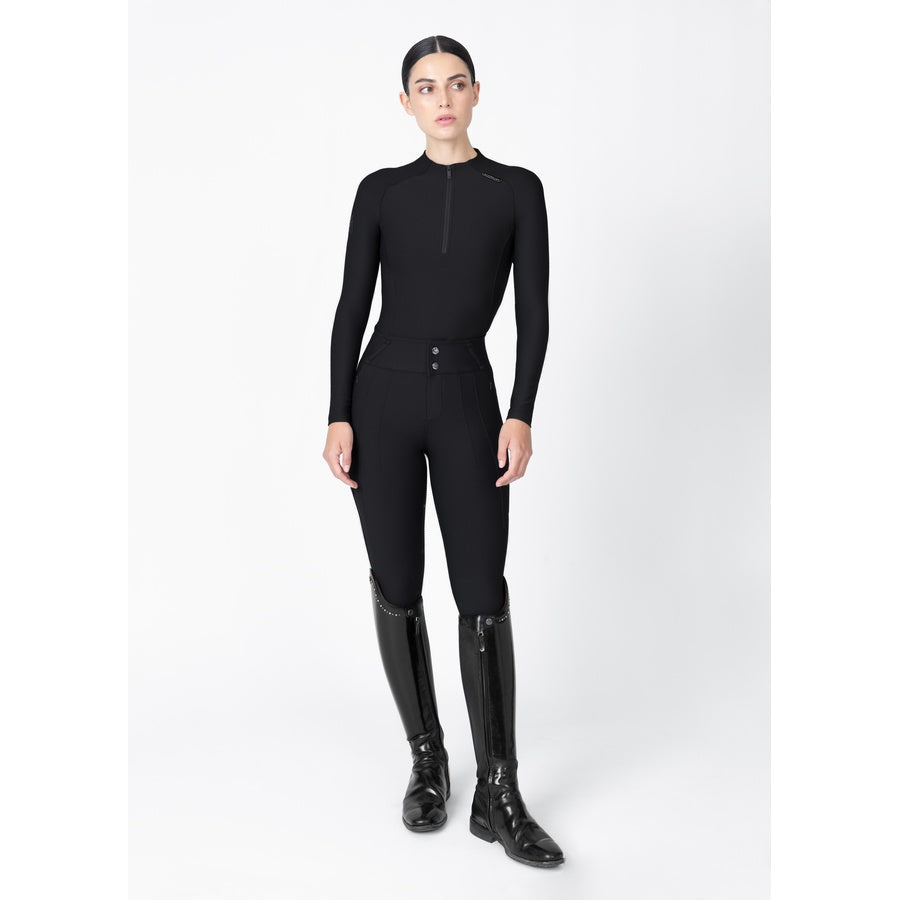 Women’s black Origin Base Layer with long sleeves and half zip, breathable 360 stretch performance top, full front view.