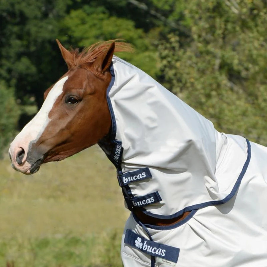 Close-up of Bucas Sun Shower Turnout Neck demonstrating lightweight waterproof and breathable design