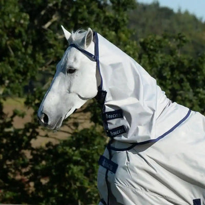 Bucas Sun Shower Turnout Neck attached to turnout rug, showing waterproof and sun-reflective neck protection on a horse