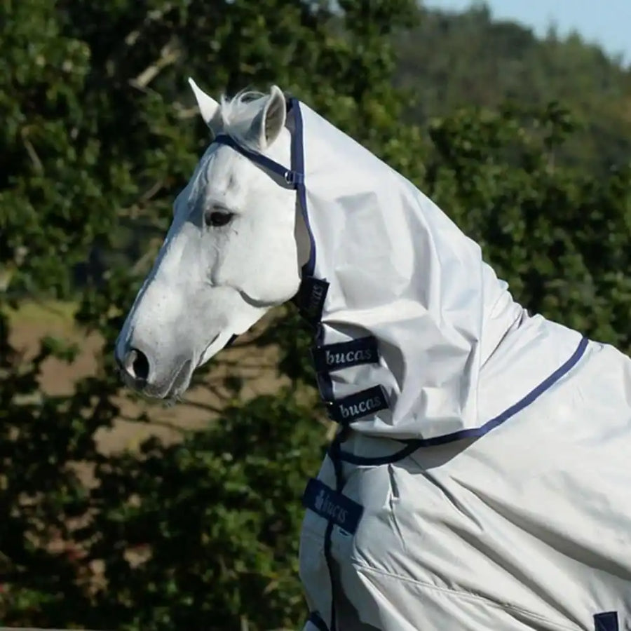 Bucas Sun Shower Turnout Neck attached to turnout rug, showing waterproof and sun-reflective neck protection on a horse