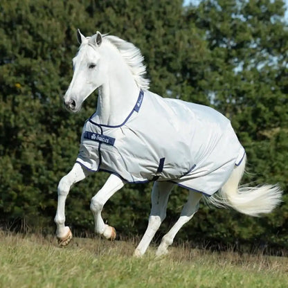 Bucas Sun Shower lightweight turnout rug in silver on horse, waterproof and breathable