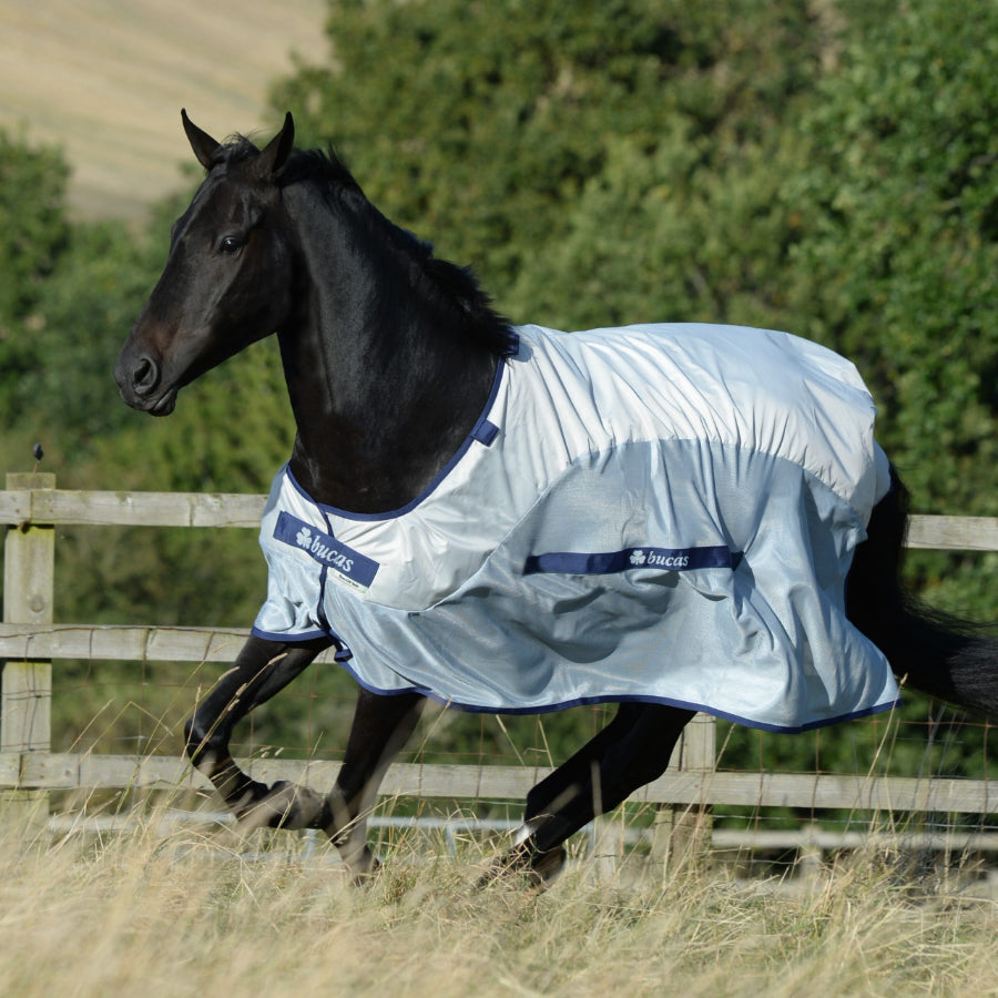 Horse wearing Bucas Buzz-Off Rain fly rug with neck providing UV protection and insect control