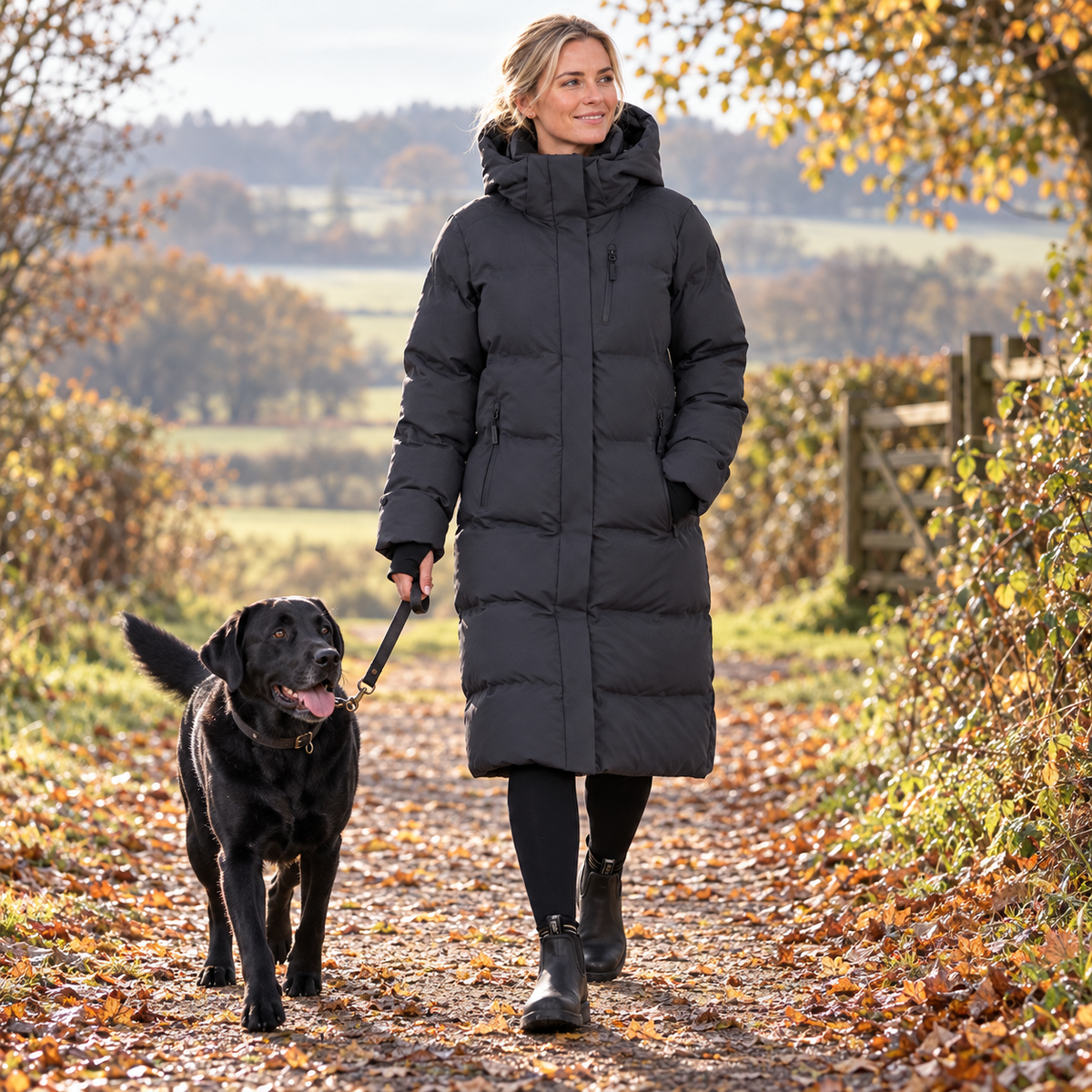 A woman wearing a long black puffer coat walks a black dog on a leaf-covered path in an outdoor rural setting.