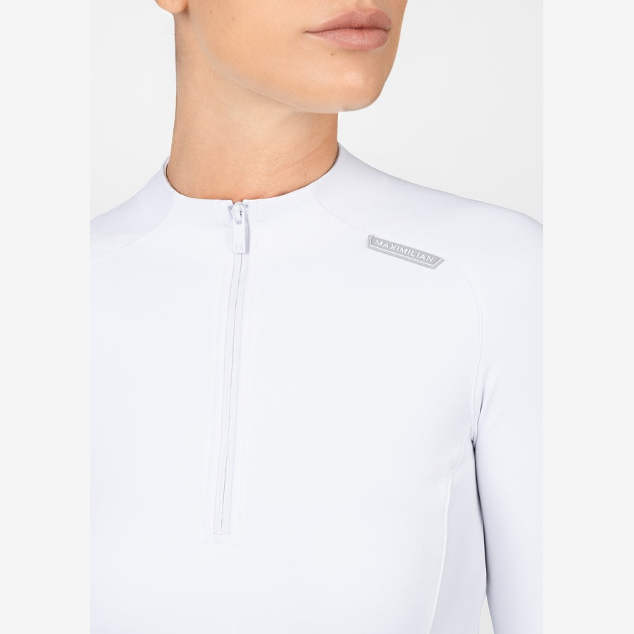 Women’s white technical base layer with long sleeves and half zip, breathable 360 stretch performance top for riding, cycling and hiking. Front view