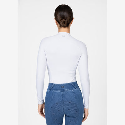 Women’s white technical base layer with long sleeves and half zip, breathable 360 stretch performance top for riding, cycling and hiking. Back view half body
