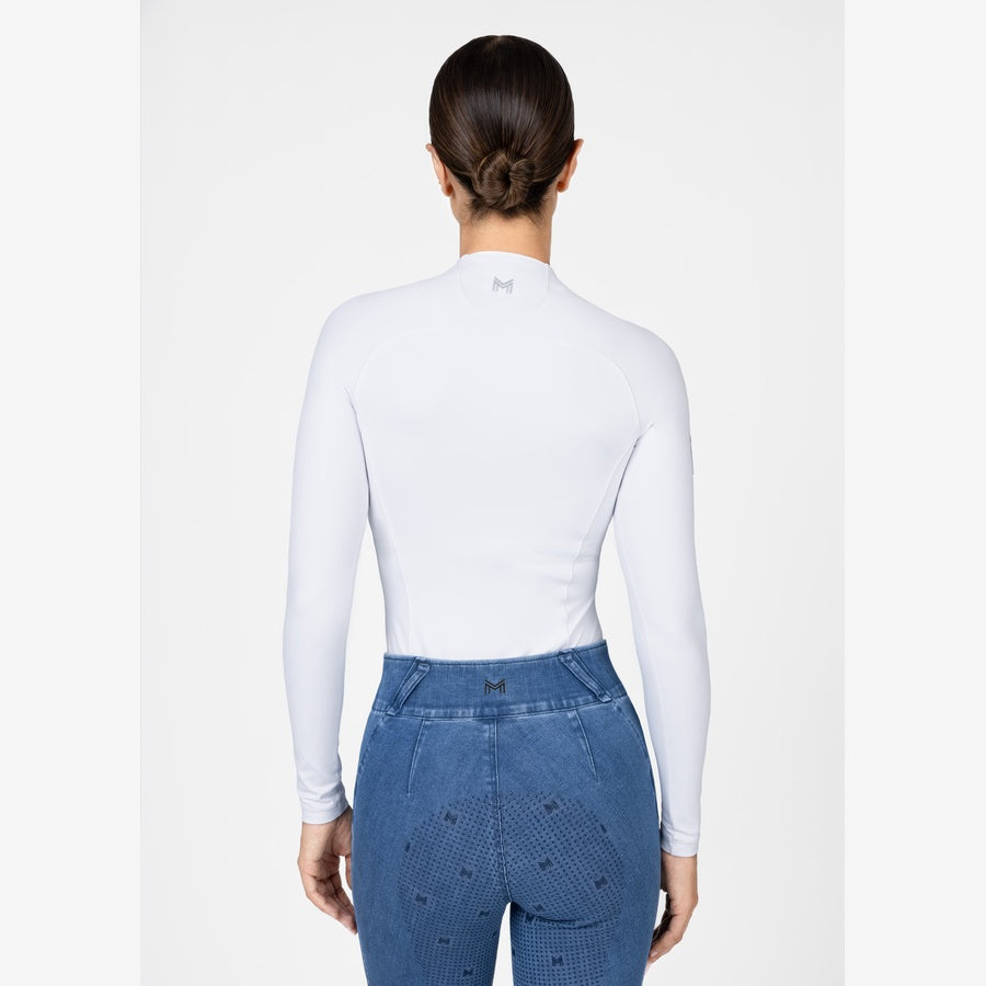 Women’s white technical base layer with long sleeves and half zip, breathable 360 stretch performance top for riding, cycling and hiking. Back view half body