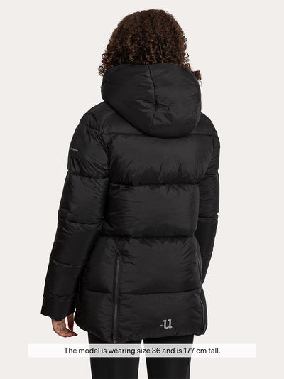 A model shown from the back wearing a Uhip Arctic Puffer Jacket Jet Black against a light grey background. A text overlay at the bottom reads 'The model wearing size 36 and is 177 cm tall.