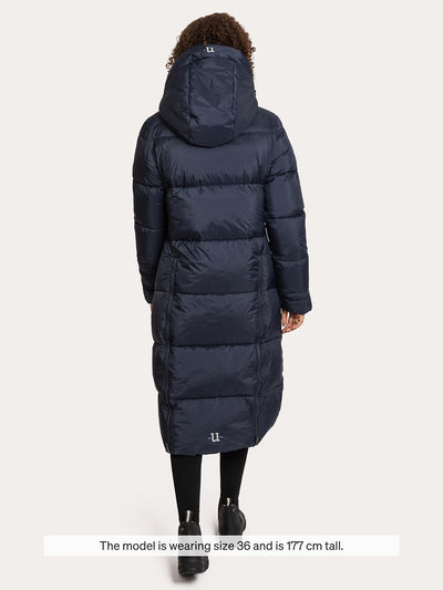 Uhip Arctic Puffer Coat in Eclipse colour - women's long insulated winter coat back view for horse riding, dog walking and outdoor winter wear.