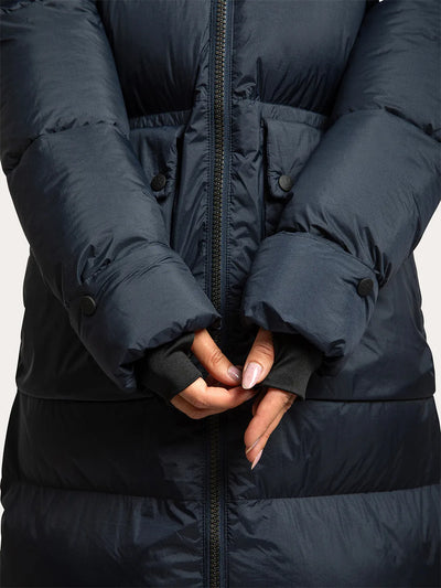 Close-up of a person wearing a Uhip arctic puffer coat extended  eclipse showing the front zipper, quilted padding, and wrist warmers
