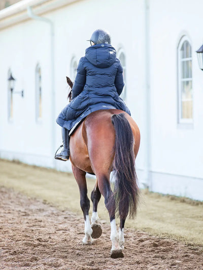 Uhip Arctic Puffer Coat in Eclipse colour - women's long insulated winter coat back view for horse riding, dog walking and outdoor winter wear.