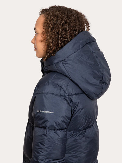 Uhip Arctic Puffer Coat in Eclipse colour - women's long insulated winter coat side hoodtview for horse riding, dog walking and outdoor winter wear.