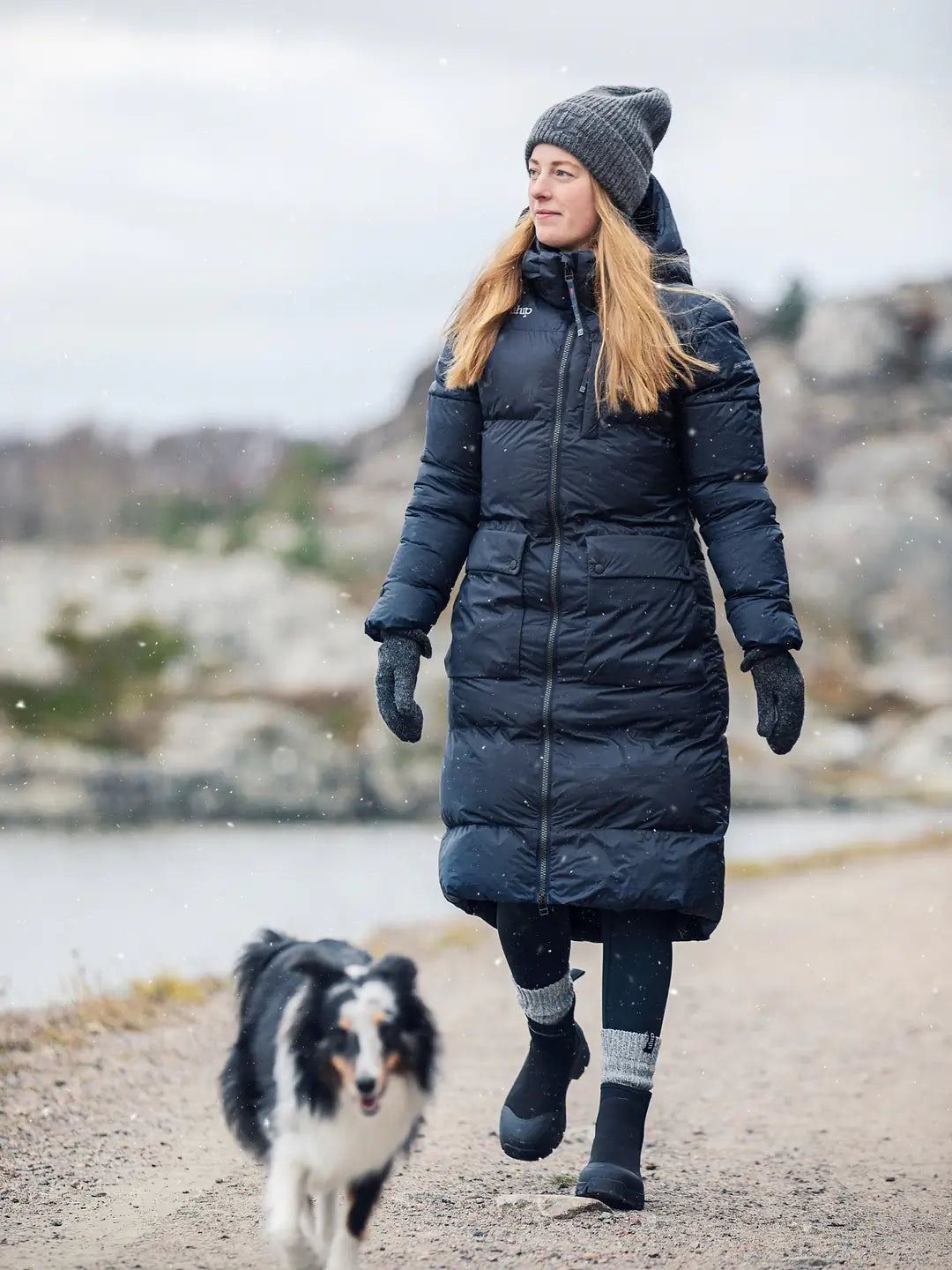 Uhip Arctic Puffer Coat in Eclipse colour - women's long insulated winter coat front view for horse riding, dog walking and outdoor winter wear.