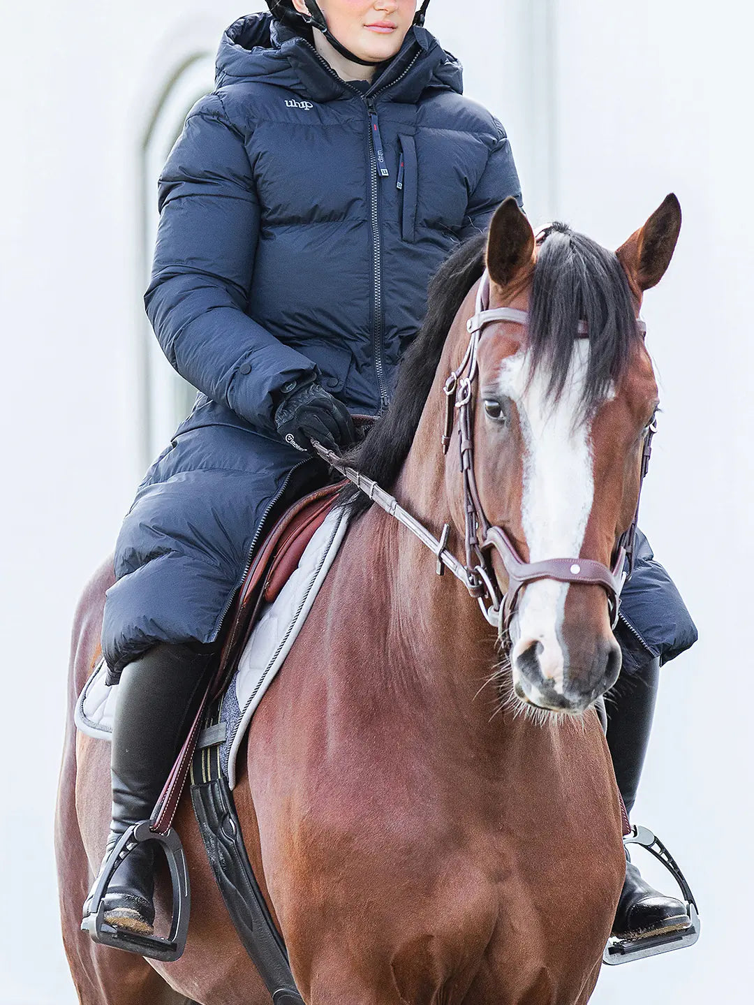 Uhip Arctic Puffer Coat in Eclipse colour - women's long insulated winter coat front view for horse riding, dog walking and outdoor winter wear.