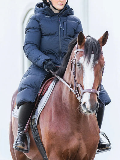Uhip Arctic Puffer Coat in Eclipse colour - women's long insulated winter coat front view for horse riding, dog walking and outdoor winter wear.