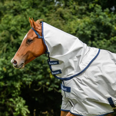 Bucas Sun Shower Turnout Neck Cover in silver and navy with 840D nylon outer and secure attachment points
