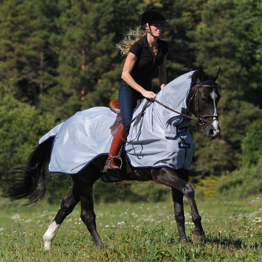 Bucas Buzz-Off Zebra Riding Rug showing breathable mesh design and cut-away saddle area