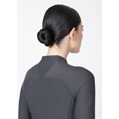 Close-up back view of grey equestrian base layer showing Maximilian logo