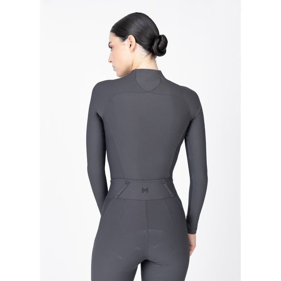 1. Back View
Alt: Women’s grey equestrian base layer long sleeve top back view with Maximilian logo