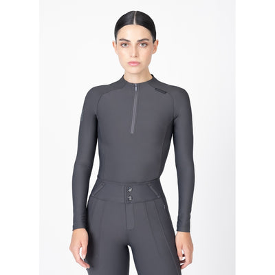 close-up of women’s grey equestrian base layer with front zipper and logo detail