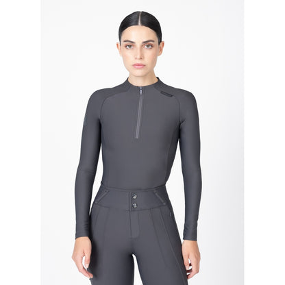 close-up of women’s grey equestrian base layer with front zipper and logo detail