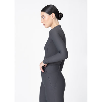 Women’s grey equestrian breeches side view with zipper pocket and grip detail