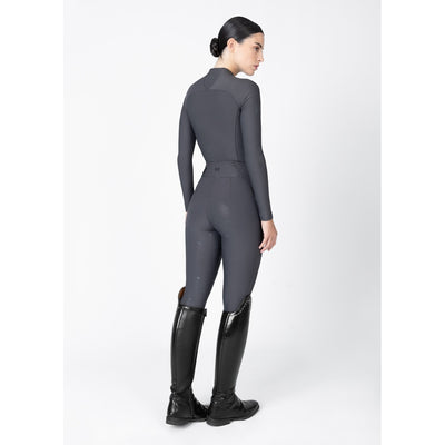 Women’s grey equestrian riding set full body back view with grip breeches