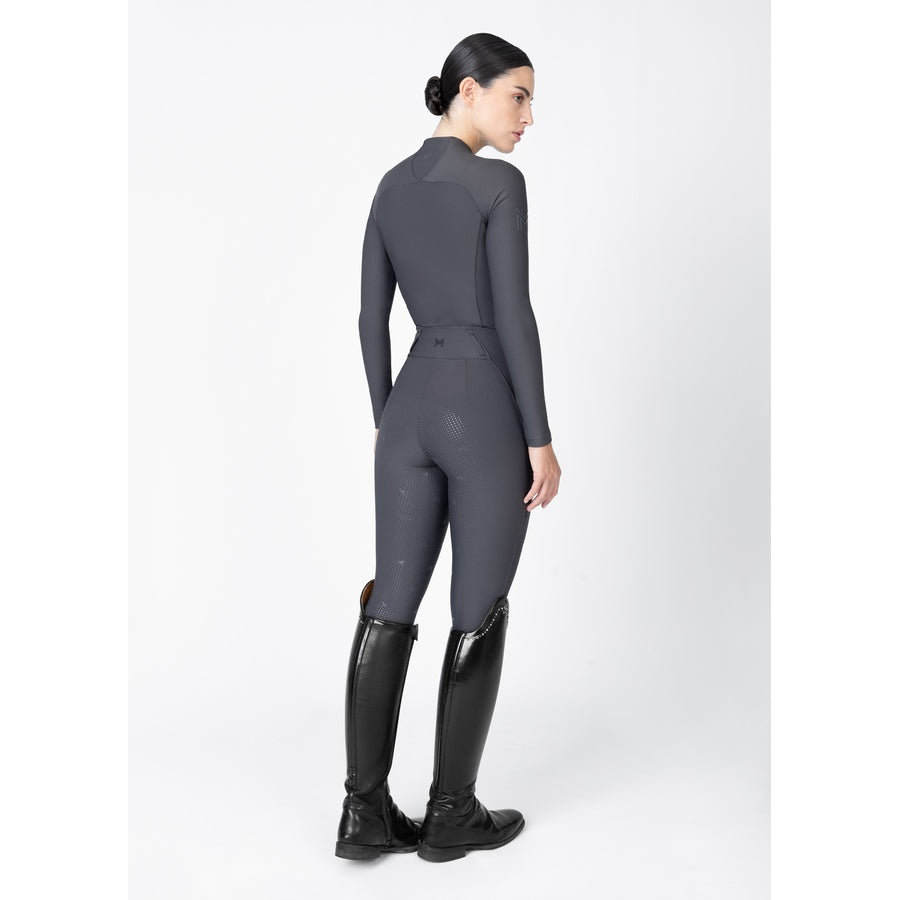 Women’s grey equestrian riding set full body back view with grip breeches