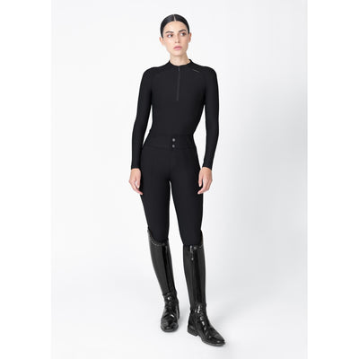 Women’s black Origin Base Layer with long sleeves and half zip, breathable 360 stretch performance top, full front view.